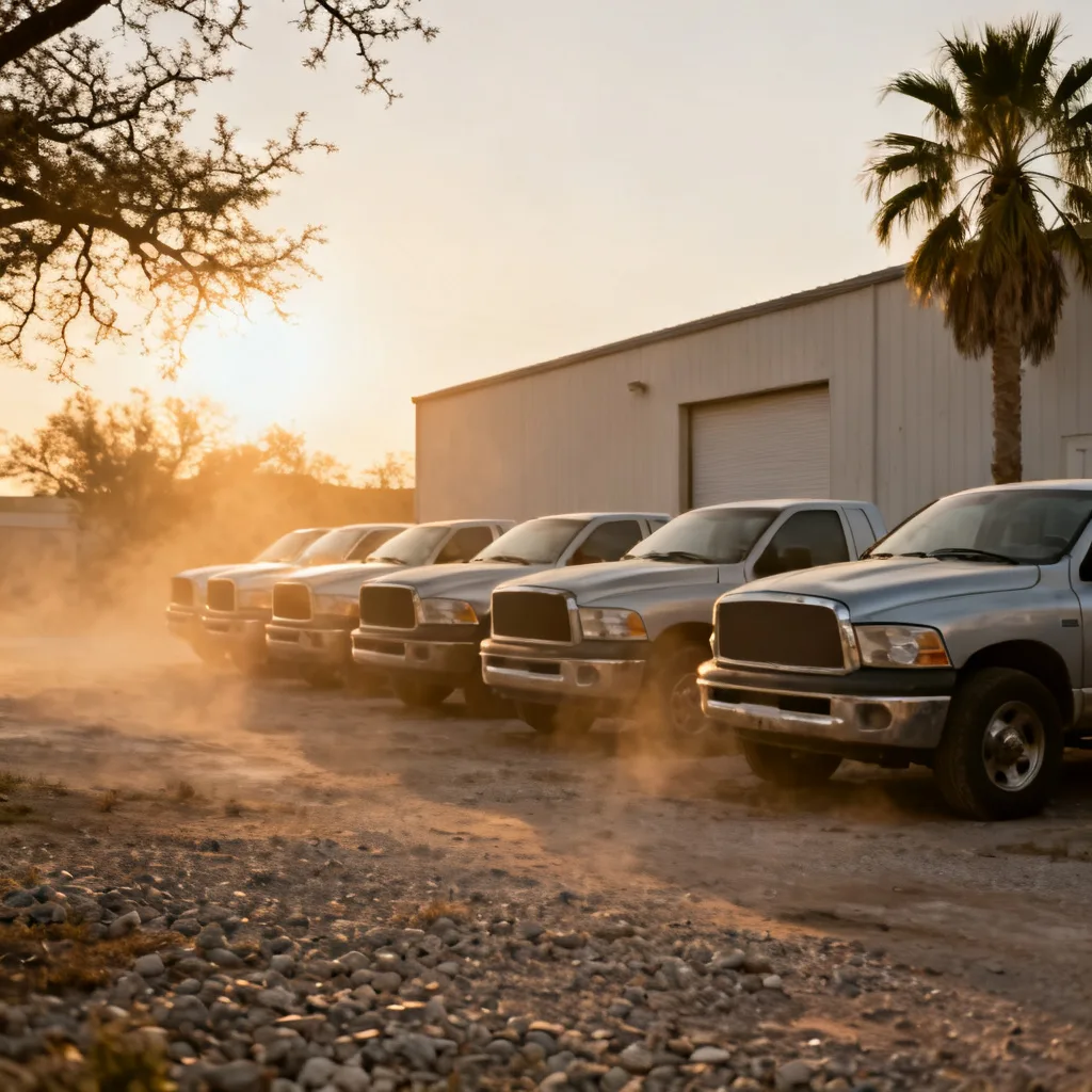 Una fila de trocas frente a un taller de accesorios en el Sur de Texas al atardecer